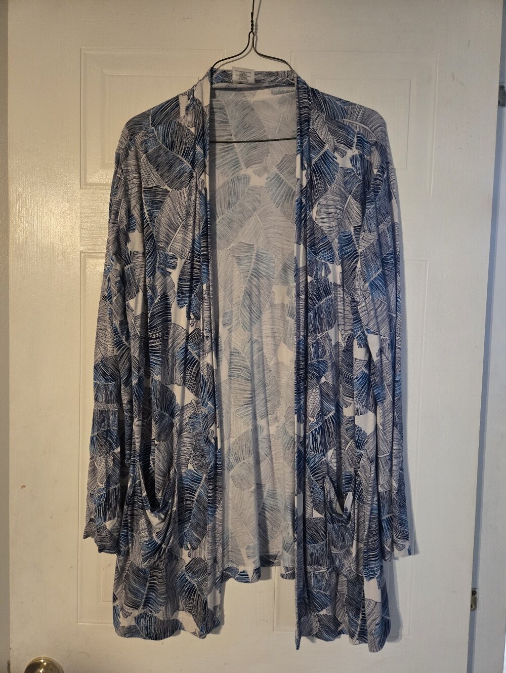 Cielo Blue Leaf-Print Open Front Cardigan